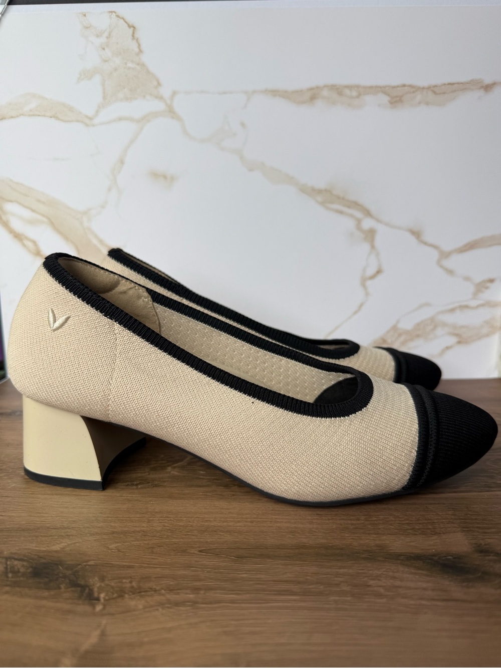 Vivaia Beige and Black Cap-Toe Knit Block Heel